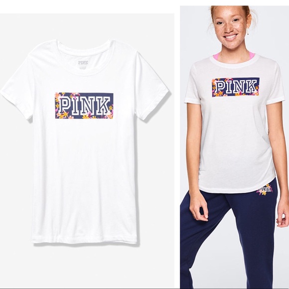 ๐VS PINK WHITE & FLORAL LOGO RAGLAN CREW TEE - Picture 4 of 5